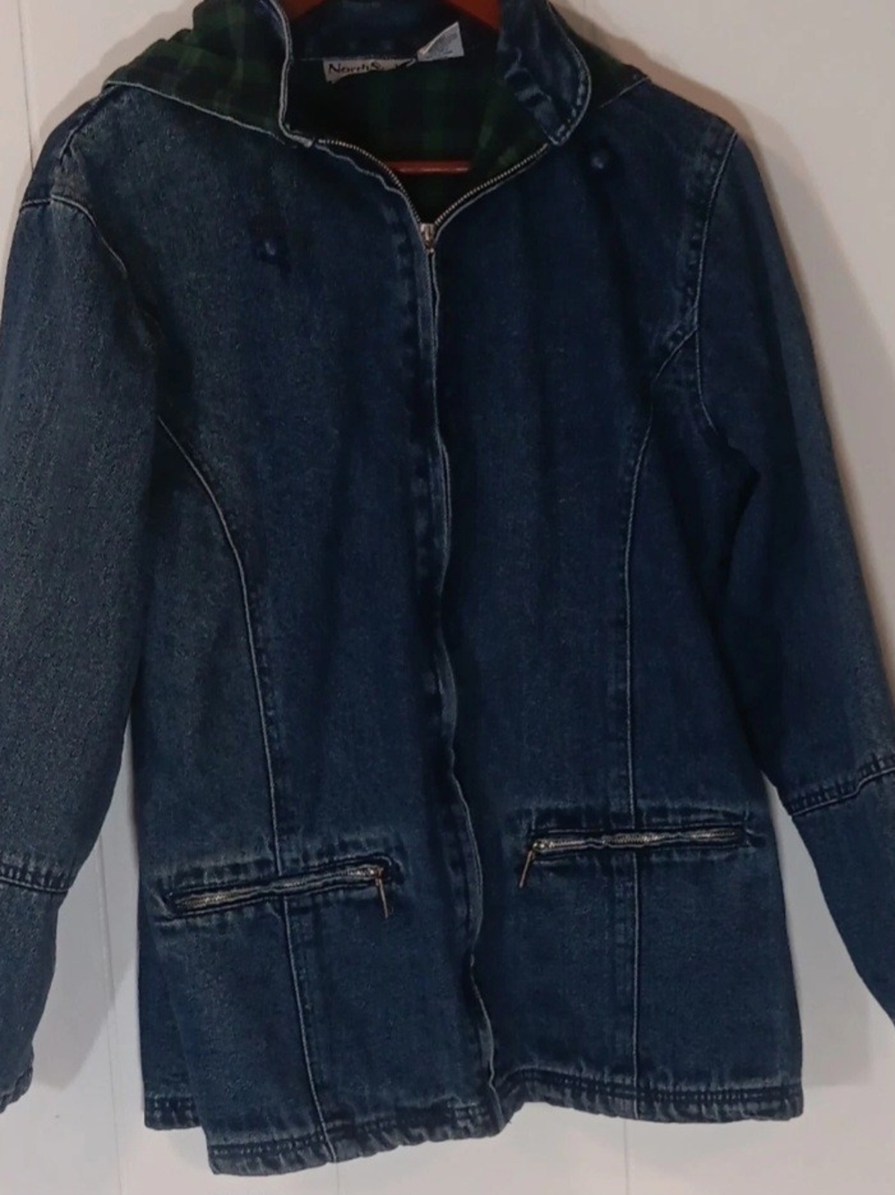 NorthStyle Dark Blue Denim Utility Jacket with Plaid Hood Lining
